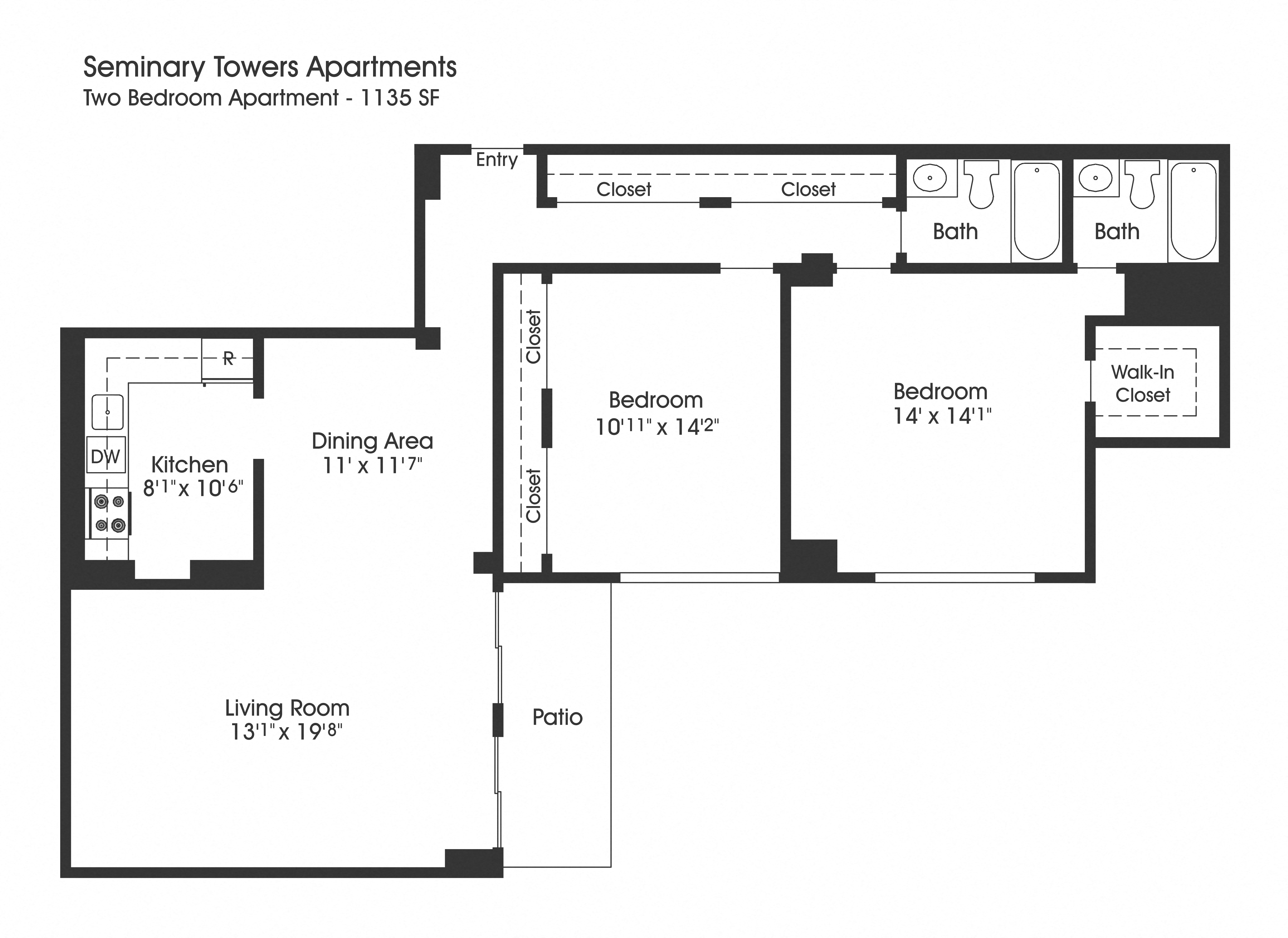 Floor plan for 2 beds, 2 baths, 1135 sqft